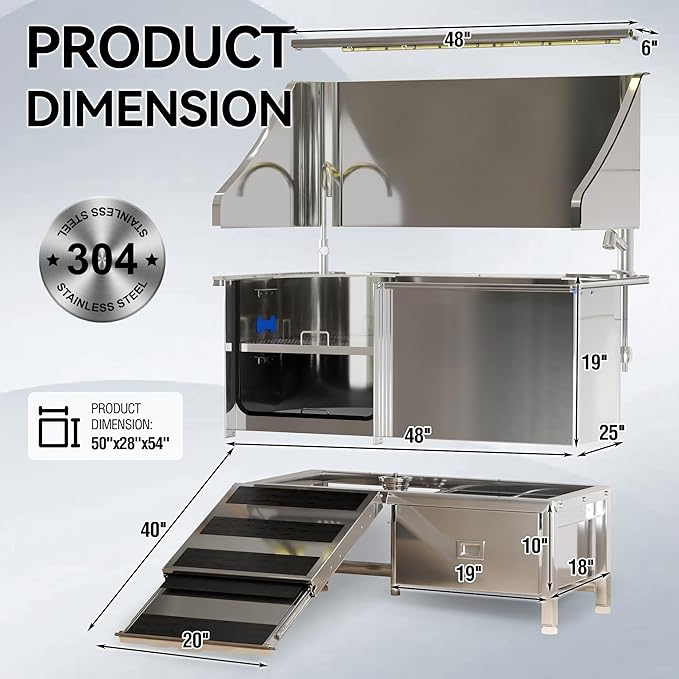 50'' Dog Washing Station - 304 Stainless Steel, LED Dog Bathing Station with Ramp, 2 Drawer, Floor Grate & Lick Pad for Large, Medium & Small Dogs-PurrikoPets