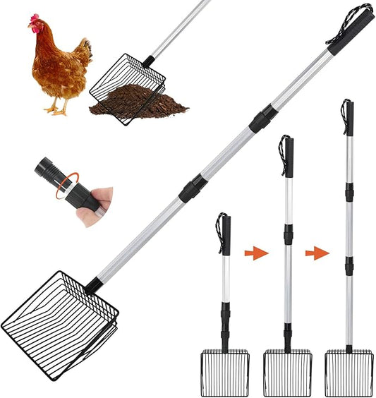 Esmorah Chicken Poop Scooper for Sand & Coop Cleaning - Sifting Shovel with 22"-40" Adjustable Handle, 3 Lengths Heavy Duty Stainless Steel Sifter-PurrikoPets