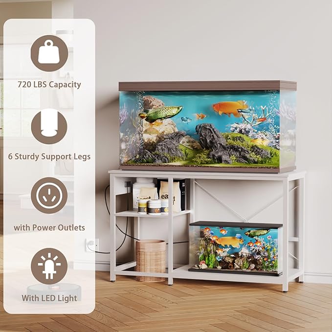 50-75 Gallon Fish Tank Stand with Power Outlet & LED Light, Metal Aquarium Stand with 3 Tier Adjustable Storage Shelves, Tank Stand for Reptile Tank, Turtle Tank, 52" L*19.5" W, White-PurrikoPets