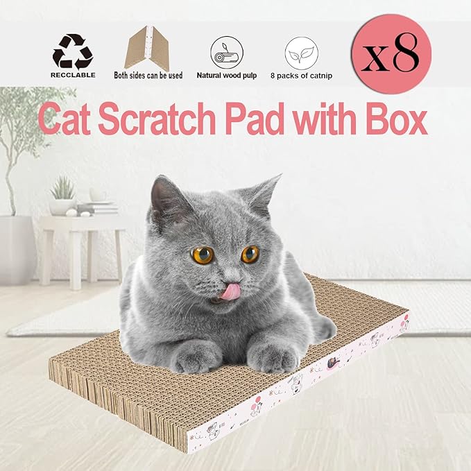8 Packs in 1 Cat Scratch Pad, Cat Scratcher Cardboard,Reversible,Durable Recyclable Cardboard, Premium Scratch, Suitable for Cats to Rest, Grind Claws and Play-PurrikoPets