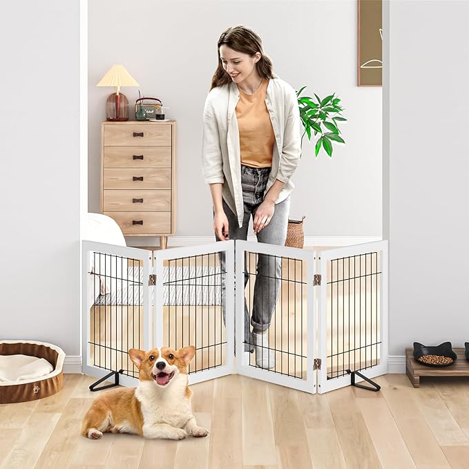 Dog Gate Indoor, Metal Dog Gates for Doorways House, 24-Inch Freestanding Pet Gates for Dogs, Puppy Fence (4 Panel, White)-PurrikoPets