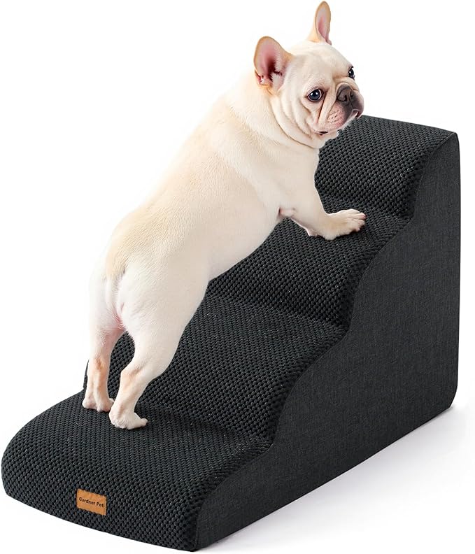 Gardner Pet Dog Stairs for Small Dogs 19.7" H, 4-Step Black Curved Pet Stairs, Dog Steps for High Bed (18-24 in), Couch with Durable Non-Slip Waterproof Fabric Cover and CertiPUR-US Certified Foam-PurrikoPets
