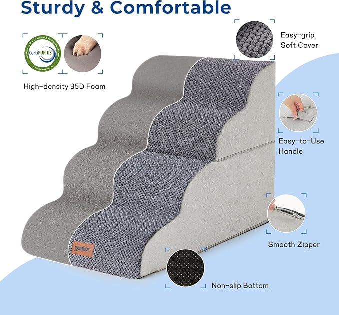 Dog Stairs Ramp for Bed 19.7" H - Pet Stairs for Small to Medium Dogs to Get on Bed and Couch, 35D Foam Dog Steps with Non-Slip Bottom Grey, 4 Steps-PurrikoPets