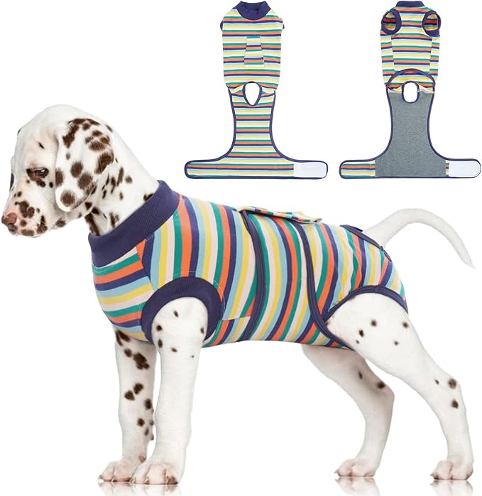 FUAMEY Recovery Suit for Dogs After Surgery,Soft Breathable Dog Bodysuit E-Collar & Cone Alternative Surgical Suit,Male Female Dog Neuter Spay Suits Anti Licking Wounds Onesie Dark Blue Stripes XS-PurrikoPets