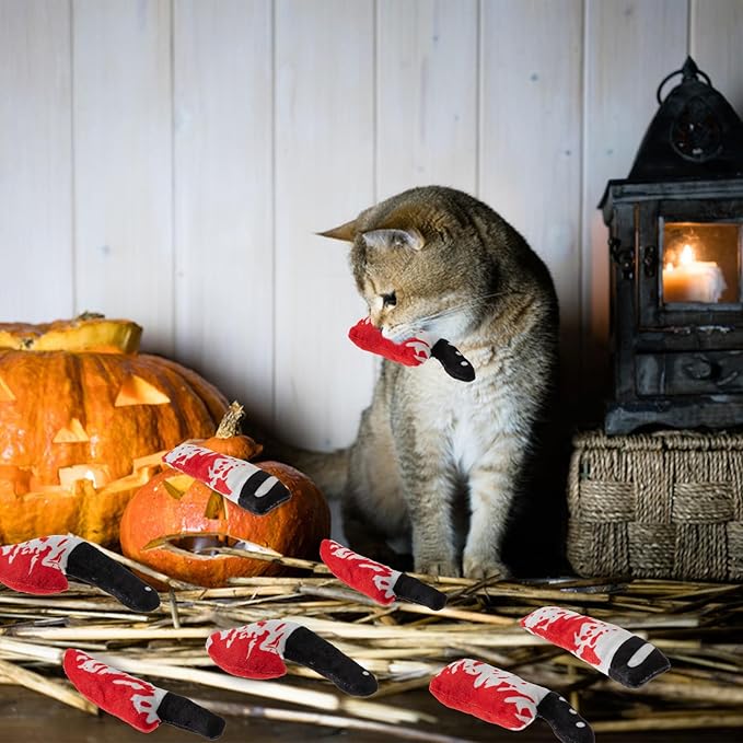 8pcs Catnip Toy, Indoor Knife Shaped Cat Toy Horror Plush Interactive Chew Bite Toys for Halloween Christmas Cat Kitten Indoor Festive Holiday Cat Lover Gift-PurrikoPets