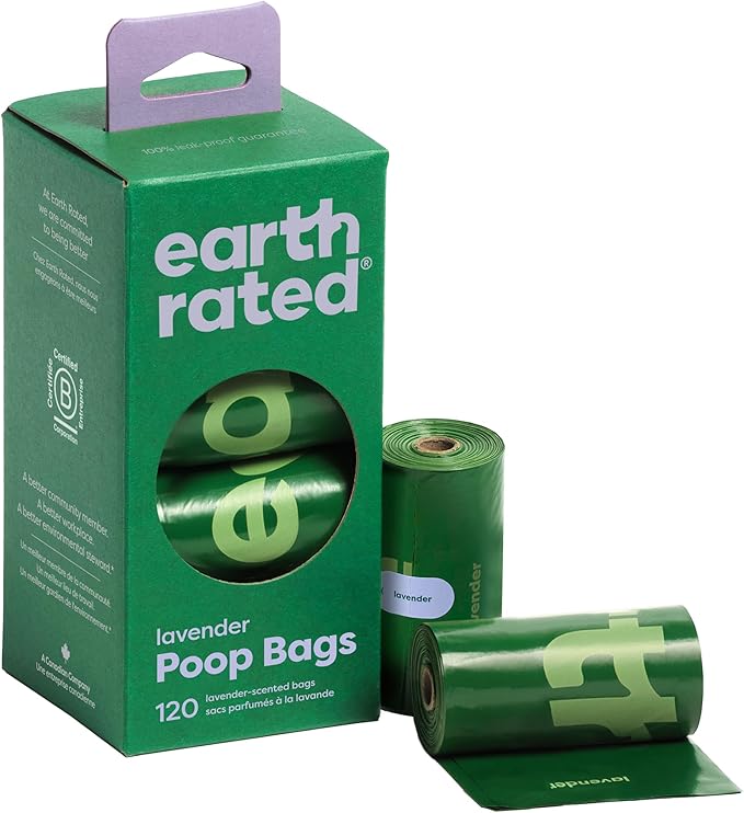 Earth Rated Poop Bags for Dogs Guaranteed Leak Proof and Extra Thick Waste Bag Refill Rolls, Lavender Scented, 120 Count-PurrikoPets