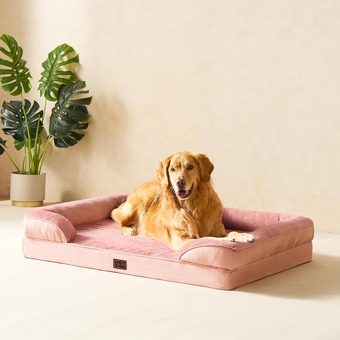 EHEYCIGA Orthopedic Dog Bed for Medium Dogs, Waterproof Memory Foam Medium Dog Beds with Sides, Non-Slip Bottom and Egg-Crate Foam Pet Couch Bed with Washable Removable Cover, Dusty Pink-PurrikoPets
