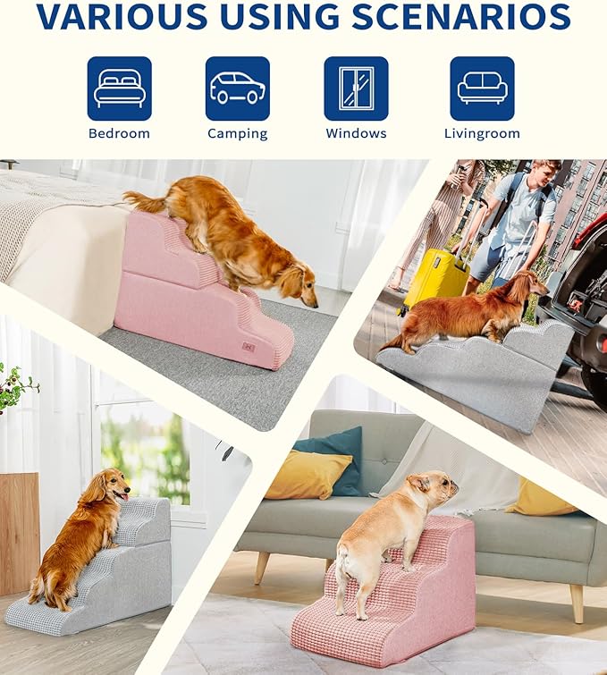 Dog Step for Bed, Dog Stair 3-Step 35D Pet Stair 15.7" H for High Bed or Sofa Non-Slip Balanced Pet Step Indoor, Light Grey-PurrikoPets