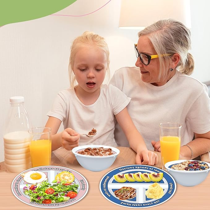 4 Pcs Portion Control Plates & Bowls Set (2 Plates + 2 Bowls, 9 Inch) - Self-Measuring for Weight Loss, Gastric Bypass, LapBand, Diabetes & Healthy Diets, Pink & Blue, for Adults & Children-PurrikoPets