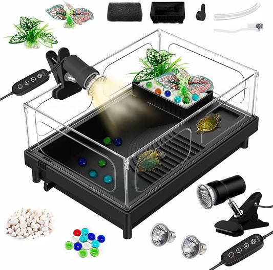 GOZILLA Small Turtle Tank with Adjustable Lamp, Acrylic Turtle Tank Starter Kit, Reptile Habitat and Terrarium with Multi-Functional Areas for Tortoise, Crab, Crayfish, Small Reptile.(Tank+Lamp)-PurrikoPets