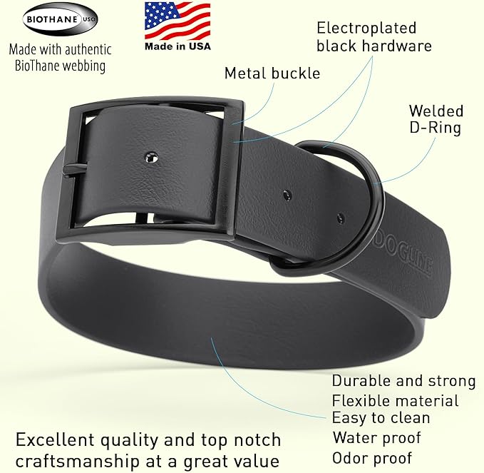 Dogline Biothane Waterproof Dog Collar Strong Coated Nylon Webbing with Black Hardware Odor- Proof for Easy Care Easy to Clean High Performance Fits Small Medium or Large Dogs, Black-PurrikoPets