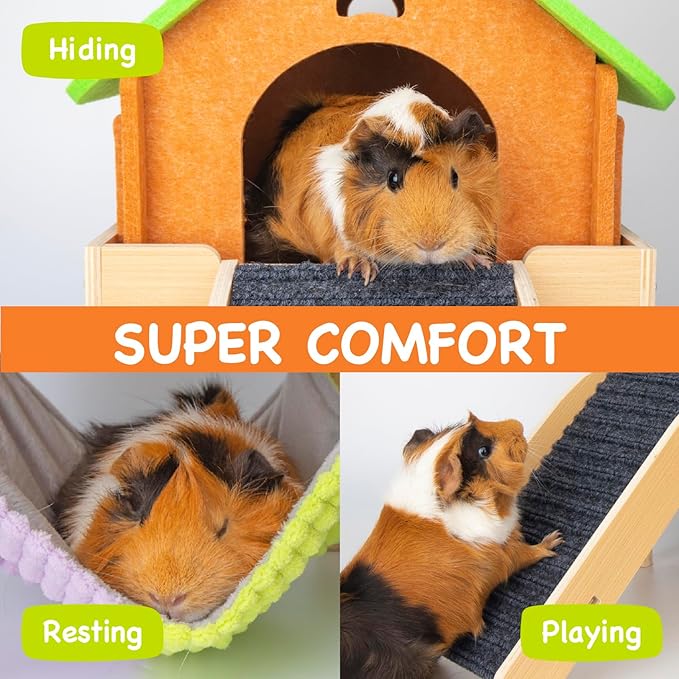 3 in 1 Enlarged Guinea Pig Hammock with House & Platform,Wooden Guinea Pig Hideout with Hammock & Stairs Small Animal Toys for Hiding Sleeping Activities-PurrikoPets