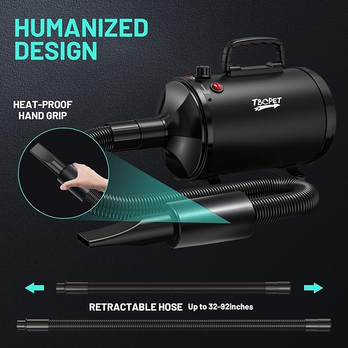 Dog Dryer High Velocity Dog Hair Dryer with 4 Nozzles 5.2HP/3800W (Professional Super Cyclone), Stepless Adjustable Speed Temperature Dogs Grooming Blow Dryer with Heater for Pets Hair Dryer, Black-PurrikoPets