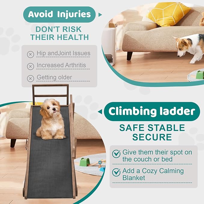 Dog Ramp for Bed, Adjustable Pet Ramps for Dog to Get on Bed, Non-Slip Rubber Surface - Folding Wooden Dog Ramp for Small/Large/Old Dogs, Adjustable up to 23.5 inch High Beds, Safety Railings-PurrikoPets
