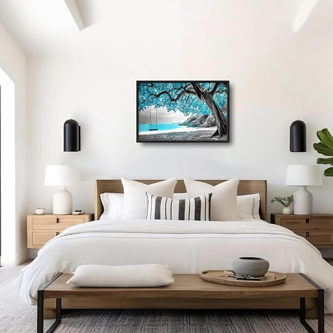 Extra Large Framed Abstract Tree Wall Art,Black and White Tree of Life Wall Decor,Blue Teal Sea Pictures for Living Room,Canvas Print Painting Modern Artwork Bedroom Office Bathroom 36L x 24W-PurrikoPets