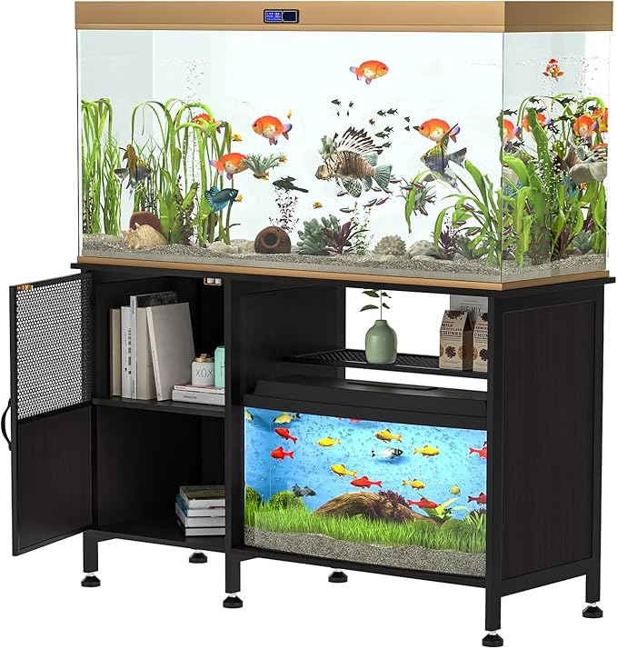 Fish Tank Stand, Modern Aquarium Stand with Built-in Cabinet and Shelves - Sleek Black Iron and Wood Grain Design for Stylish Home Décor（ 51.97" x W 19.69" x H 31.5"） Black-PurrikoPets