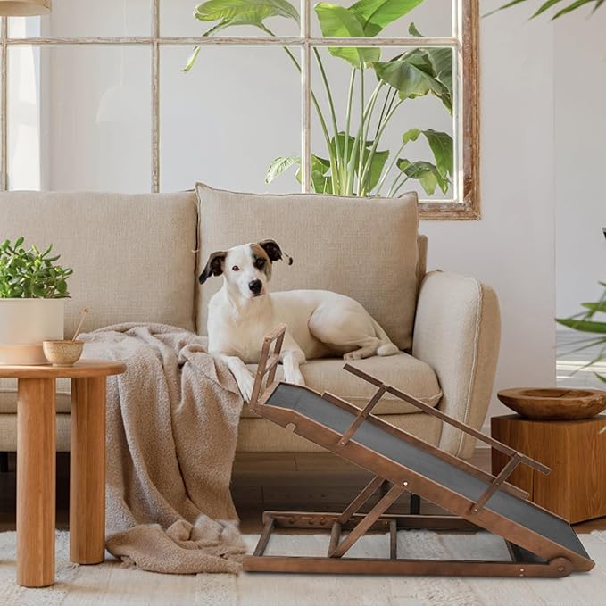 Dog Ramp, 5 Level Adjustable Wooden Folding Pet Ramp for Middle Bed, Couch,SUV-High Traction, Portable Paw Ramps for Small & Large Old Dogs & Cats - Furniture Quality-PurrikoPets