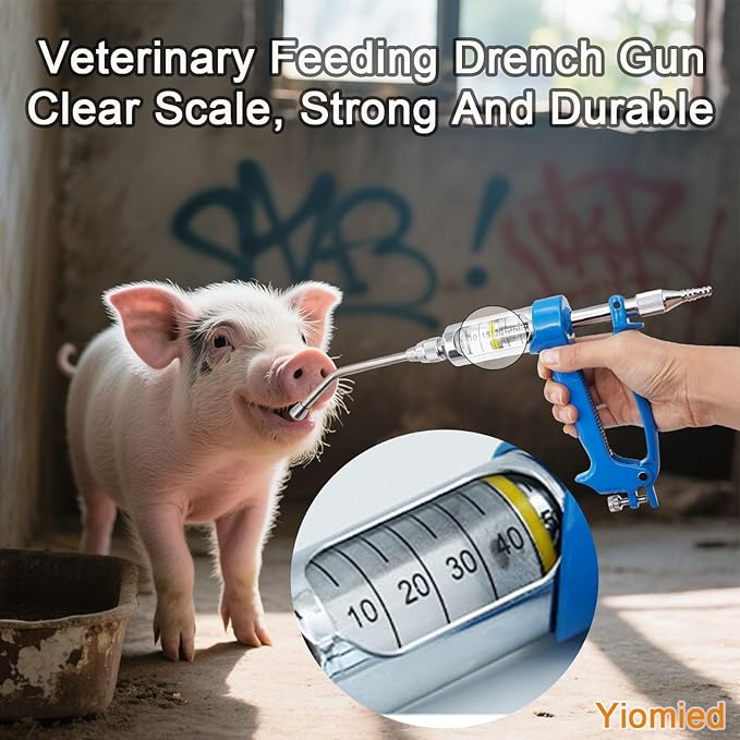 50ML Veterinary Metal Feeding Gun, Continuous Drench Gun Dosing Device Veterinary Adjustable Medicine Dispenser Husbandry Autonomous Feeding Tool, for Pig Cow, Sheep, Horse (Blue, 50ML+Kettle)-PurrikoPets
