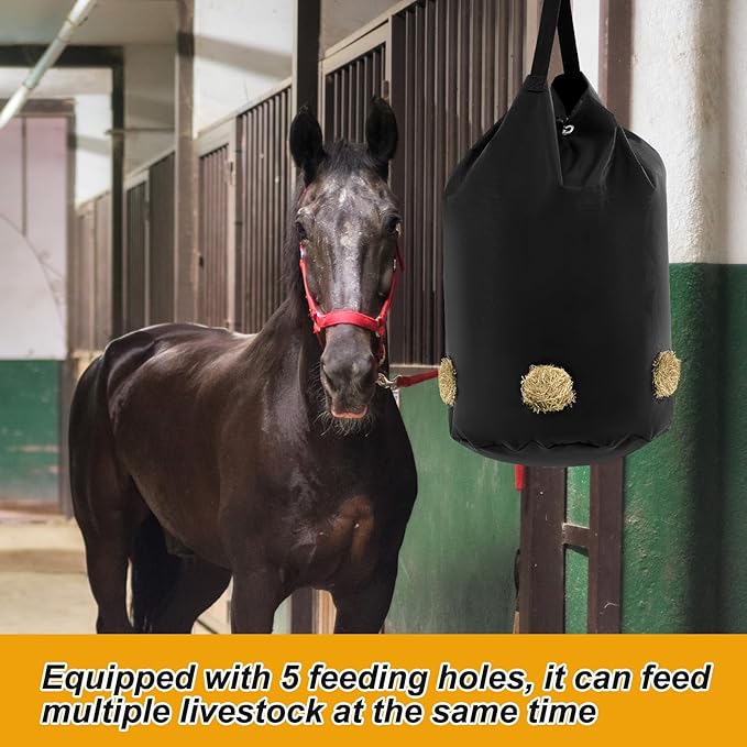 2 Pcs hay Bags for Horses Goats Slow Feed 1680D Oxford Bag Black Large Capacity Net Open Feed Hole Hay Holder for Horse Goats Sheep(5 Holes)-PurrikoPets