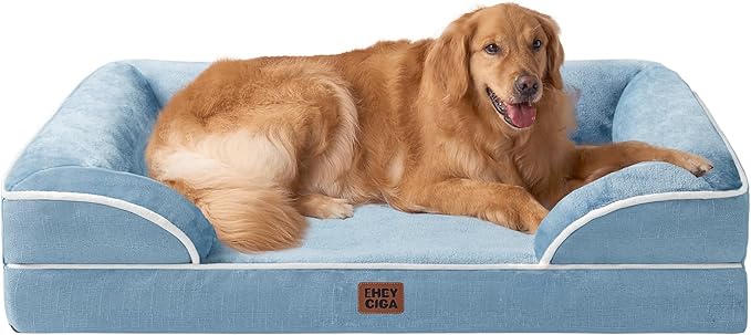 EHEYCIGA Orthopedic Dog Beds for Extra Large Dogs, Waterproof Memory Foam XL Dog Bed with Sides, Non-Slip Bottom and Egg-Crate Foam Big Pet Bed with Washable Removable Cover, Washed Blue-PurrikoPets