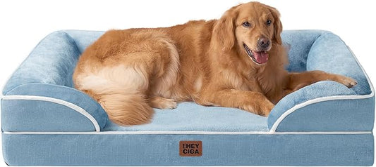 EHEYCIGA Orthopedic Dog Beds for Extra Large Dogs, Waterproof Memory Foam XL Dog Bed with Sides, Non-Slip Bottom and Egg-Crate Foam Big Pet Bed with Washable Removable Cover, Washed Blue-PurrikoPets