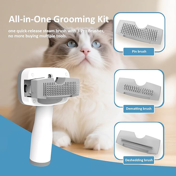 5 in 1 Pet Steam Brush for Dogs & Cats – Self Cleaning, 3 Pet Brush for Smoothing, Dematting, Thinning – Shedding, Grooming & Hair Removal, Includes Shampoo & Storage Case (8.0"-promax)-PurrikoPets