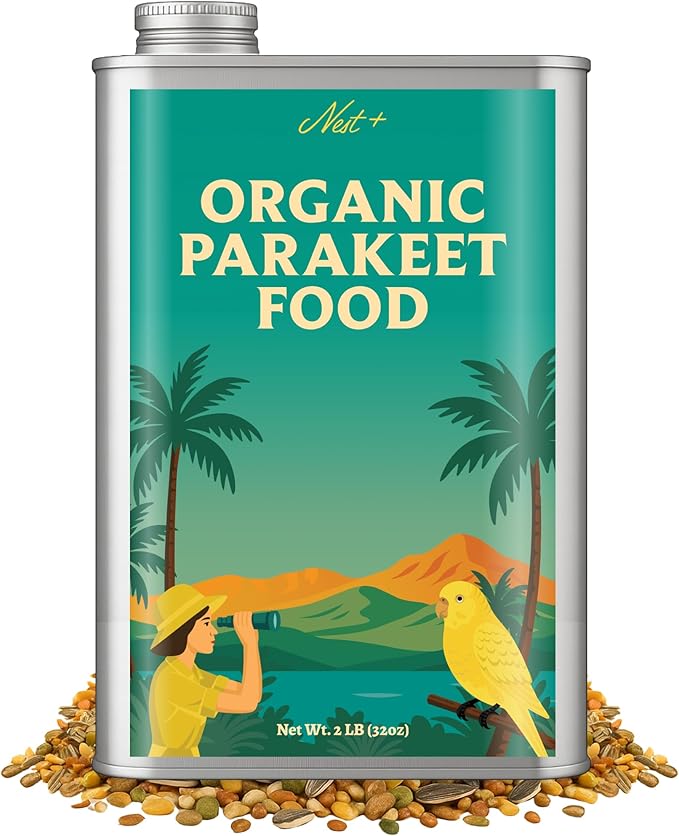 100% Organic Parakeet Food – Premium Bird Seed Mix with Oat Groats, Buckwheat, Amaranth, Super Veggies & Seeds – Reusable Tin + Stainless-Steel Scooper – Made in USA, Human Grade Ingredients (2lb)-PurrikoPets
