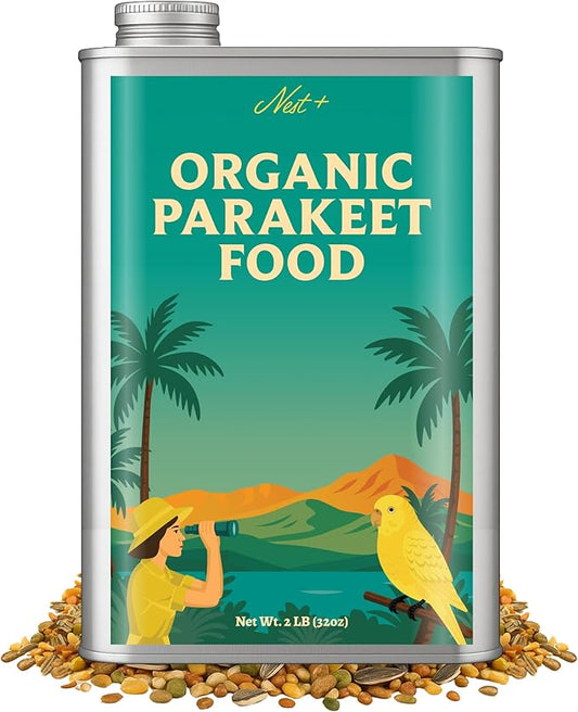 100% Organic Parakeet Food – Premium Bird Seed Mix with Oat Groats, Buckwheat, Amaranth, Super Veggies & Seeds – Reusable Tin + Stainless-Steel Scooper – Made in USA, Human Grade Ingredients (2lb)-PurrikoPets