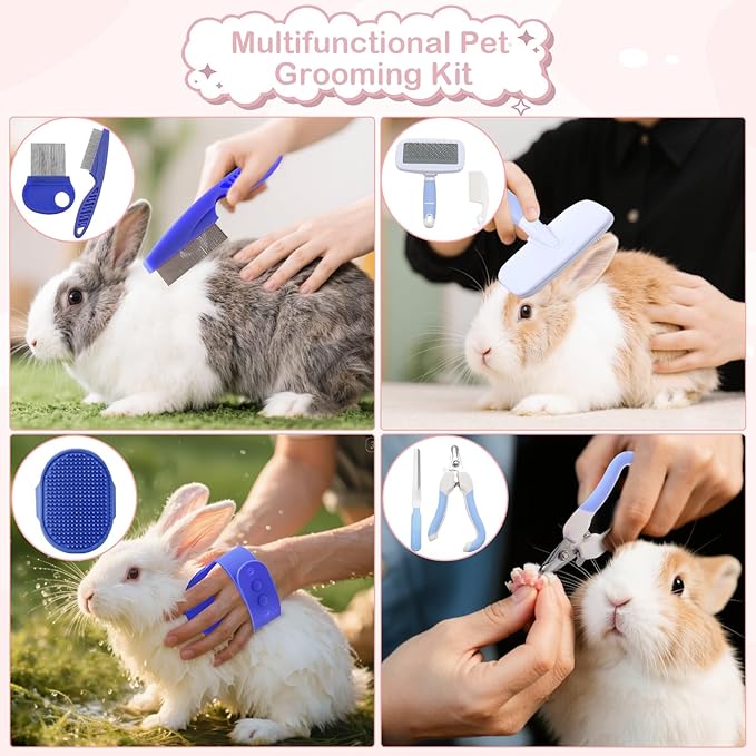 25 Pcs Large Rabbit Starter Kit, Bunny Litter Box with Drawer Animal Grooming Kit Stacking Cups Bowl Blankets Mat with Cleaning Set for Adult Guinea Pig, Ferret, Hamster, Bunnies Accessories (Blue)-PurrikoPets