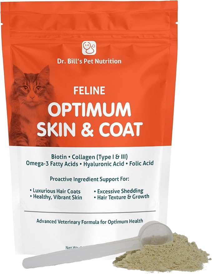 Dr. Bill’s Feline Optimum Skin & Coat – Fish Oil Omega-3 Fatty Acids for Cats Healthy Fur | Reduce Shedding and Hairballs with Biotin, Type I & III Marine Collagen, Hyaluronic Acid, & Folic Acid-PurrikoPets