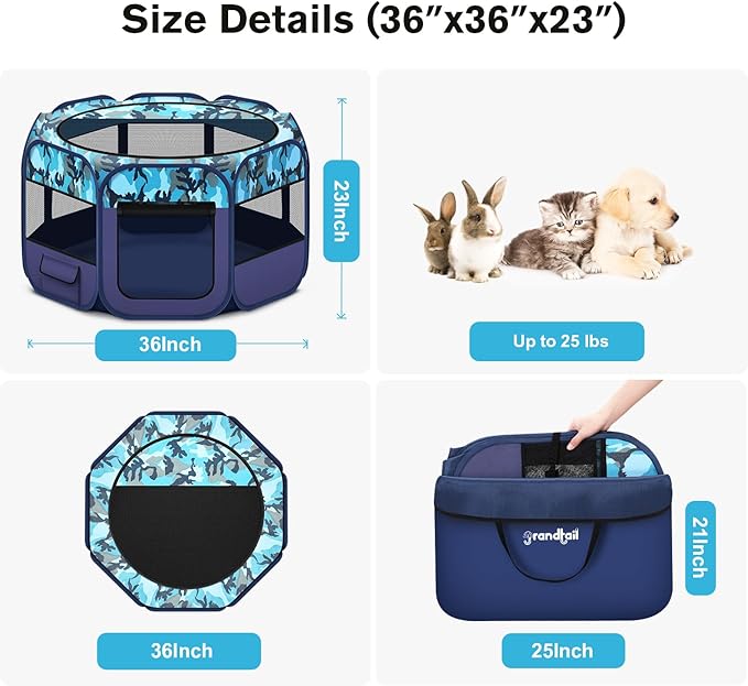 Dog Playpen, Pet Playpen, Portable Cat Playpen, Foldable Puppy Playpen Exercise Kennel Tent with Carry Case Collapsible Bowl,Water-Resistant Shade Cover for Indoor Outdoor Travel （Bule,Medium）-PurrikoPets