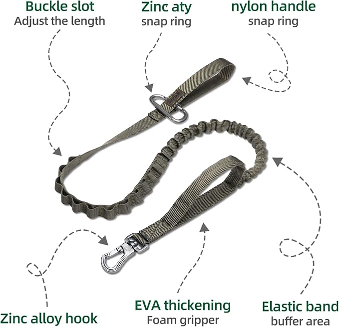 Excellent Elite Spanker Tactical Bungee Dog Leash Military Adjustable Dog Leash Quick Release Elastic Leads Rope with 2 Control Handle(Ranger Green)-PurrikoPets