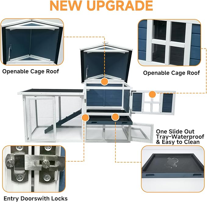 GARWOOD Large Outdoor Indoor Rabbit Hutch Wooden Bunny Rabbit Cage 2-Story with Run No-Leak Pull-Out Tray Waterproof Asphalt Roof Ramp for Guinea Pig Small Animal Wood Pet House Home Blue White-PurrikoPets