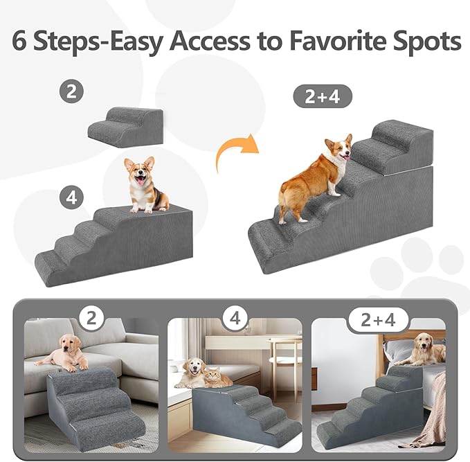 ABORON 𝟲 𝗦𝘁𝗲𝗽𝘀 Dog Steps for High Bed, 26 Inch High Dog Stairs for Small Dogs, Waterproof Pet Stairs for Small Old Large Dogs and Cats with Removable Cover & PE Support Board for Bed/Car/Couch-PurrikoPets