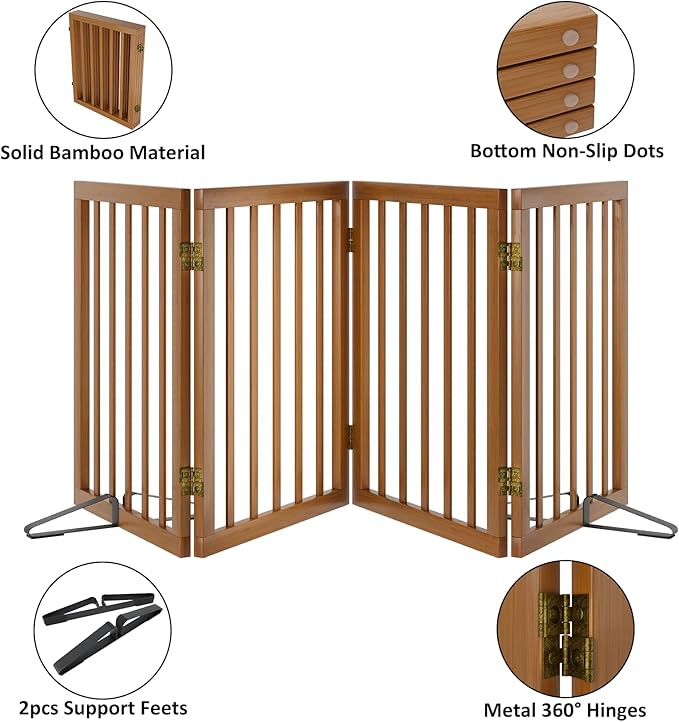 Freestanding Pet Gate Foldable 4 Panel Dog Gate Walnut Dog Gates for Stair Doorways House Indoor (2 Support Feet Included)-PurrikoPets