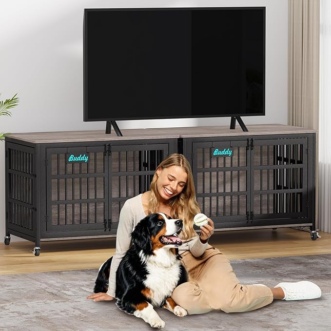 EasyCom 48"/42"/33" XXL Dog Crate Furniture with Casters, Heavy Duty Dog Kennel Indoor for Large Dogs, Escape-Proof and Chew-Proof Dog Cage for high Anxiety Dog, Decorate House as TV Stand, End Table-PurrikoPets