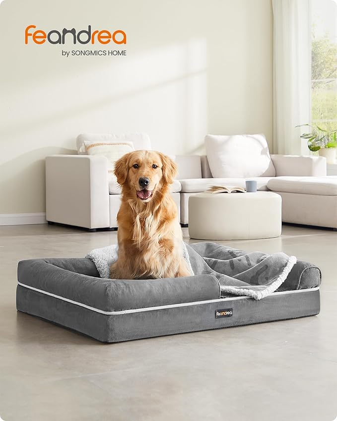 Feandrea Dog Bed, Orthopedic Large Waterproof Bed, Removable Washable Cover Dog Sofa with Non-Slip Bottom, Raised Edges, 42 x 32 x 8 Inches, Light Gray UPGW077G02V1-PurrikoPets