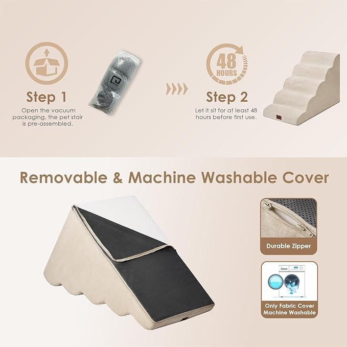 EHEYCIGA Curved Dog Stairs Ramp for High Beds, 5-Step Extra Wide Dog Steps for Small Dogs and Cats, Pet Stairs for High Bed Climbing, Non-Slip Balanced Pet Step Indoor, Beige-PurrikoPets