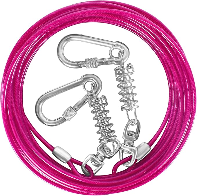 Dog Tie Out Cable 10/15/20/25/30FT Dog Run Cable Rosy Pink/Blue/Purple/Silver/Red/Green/YellowTie Out Cable for Large Dogs Heavy Duty for Outside Hold Large Dogs Up to 250LBS-PurrikoPets