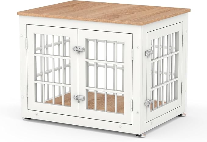 26 Inch Heavy Duty Dog Crate Furniture for Small Dogs, Decorative Pet House End Table, Wooden Cage Kennel Furniture Indoor, White and Natural-PurrikoPets