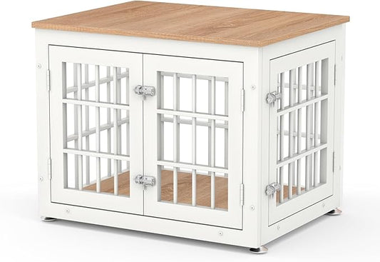 26 Inch Heavy Duty Dog Crate Furniture for Small Dogs, Decorative Pet House End Table, Wooden Cage Kennel Furniture Indoor, White and Natural-PurrikoPets