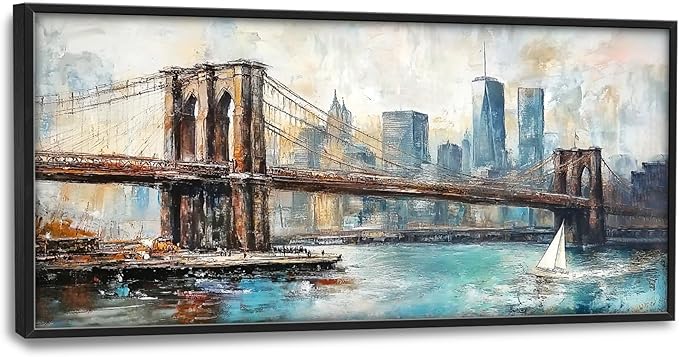 Extra Large Framed Brooklyn Bridge Wall Art,New York City Wall Decor,Abstract Skyline Cityscape Pictures for Living Room,Canvas Print Painting Modern Artwork Bedroom Office Bathroom 60L x30W-PurrikoPets
