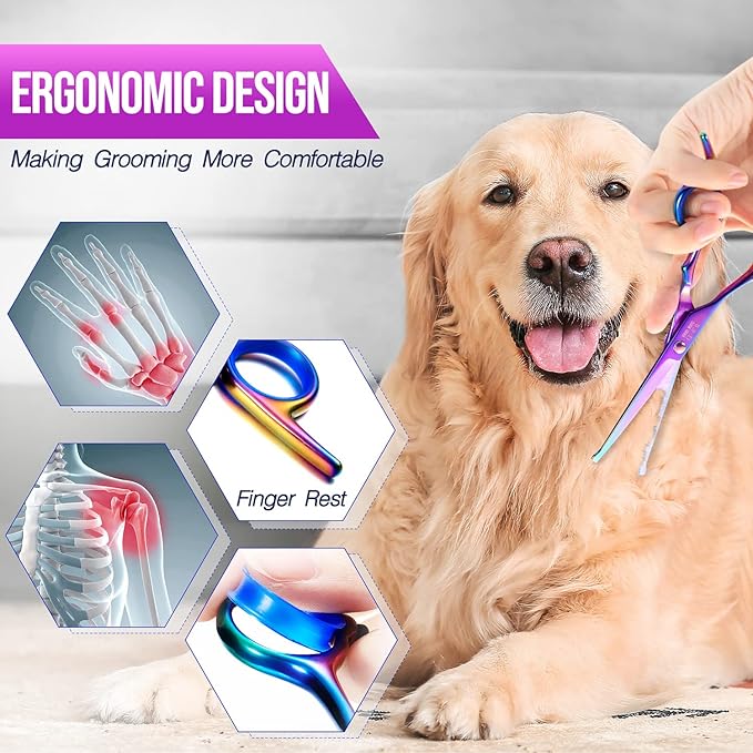 Gimars Dog Grooming Scissors Kit Professional 4CR with Safety Round Tip, 5 in 1 Heavy Duty Titanium Coated Thinning & Curved & Straight Shears-PurrikoPets