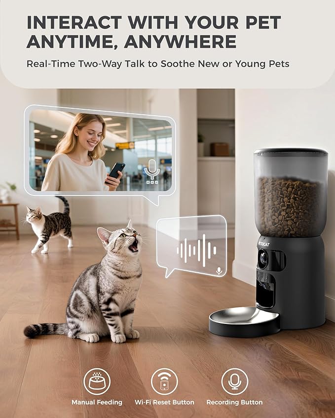 AI Cat Feeder with Dual Cameras (1 Adjustable), 2K HD Night Vision, 5G/2.4G WiFi, 6L Automatic Pet Feeder with APP Control, Laser Interactive Toy, Two-Way Audio & Scheduled Feeding-PurrikoPets