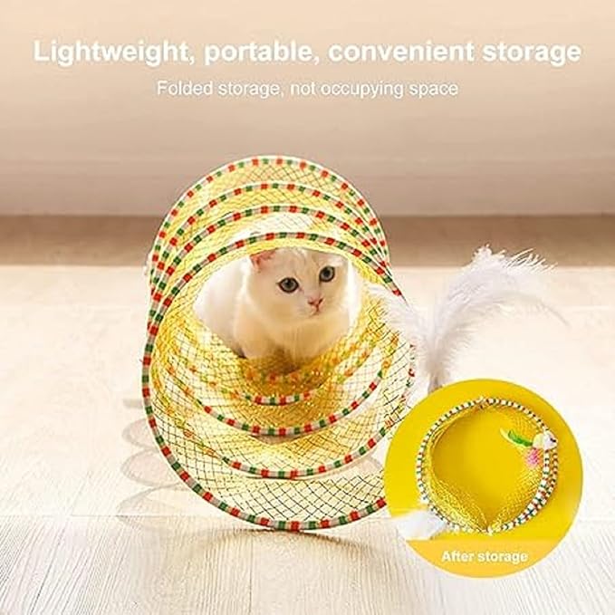 Folded Cat Tunnel Toy for Indoor Cats, 2 PCS Collapsible Pet Spring Cat Toys with Feather Mouse Upgrade Interactive Toy Playing Tent for Puppy Kitten Accessories Home-PurrikoPets