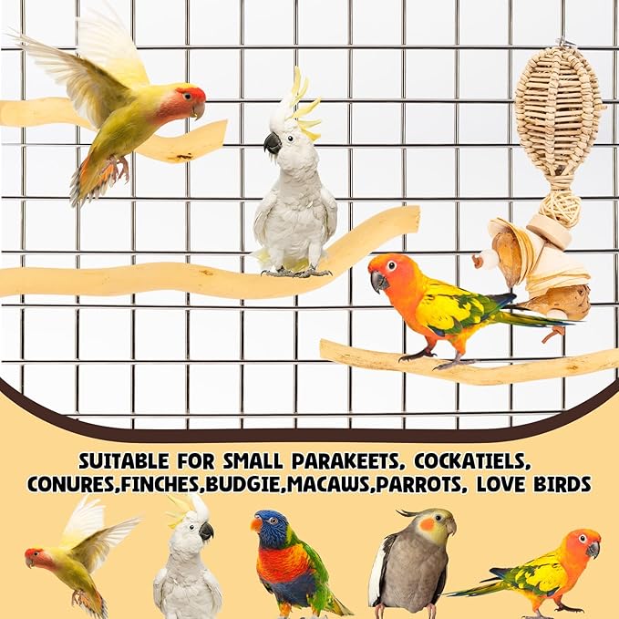 3Pcs Bird Toys Perch Stand for Cage, Natural Parrot Toys, Small Chewing Sticks Toys Bird Cage Accessories for Conures Parakeets Cockatoo African Grey Parrots (3PCS)-PurrikoPets