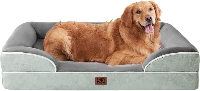 EHEYCIGA Orthopedic Dog Beds for Extra Large Dogs, Waterproof Memory Foam XL Dog Bed with Sides, Non-Slip Bottom and Egg-Crate Foam Big Pet Couch Bed with Washable Removable Cover, Greyish Green-PurrikoPets