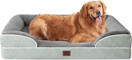 EHEYCIGA Orthopedic Dog Beds for Extra Large Dogs, Waterproof Memory Foam XL Dog Bed with Sides, Non-Slip Bottom and Egg-Crate Foam Big Pet Couch Bed with Washable Removable Cover, Greyish Green-PurrikoPets