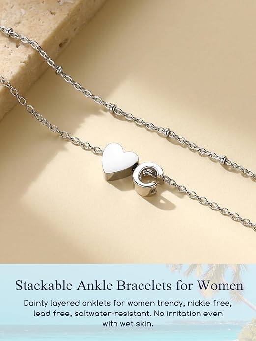 Suplight Stainless Steel Initial Ankle Bracelets for Women Layered Dainty Heart Anklet Beaded Anklets for Women Waterproof Plus Size Ankle Foot Chain Summer Essentials Jewelry(with Gift Box)