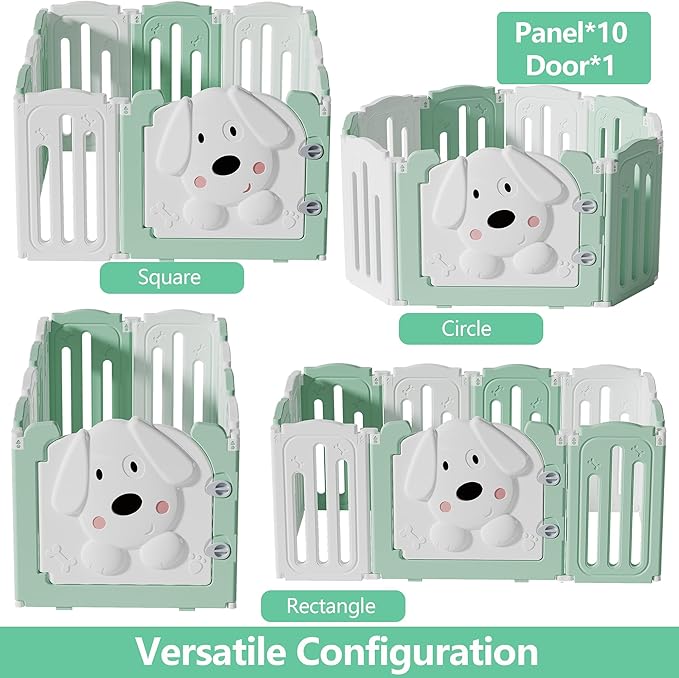 Foldable Dog Play Pen Indoors, Non-Slip Sturdy Puppy Playpen with Door, 25.5" H 10-Panel Adjustable Shape Dog Fence Pen for Small/Medium Dogs, Thickened, Easy to Store, White+Green-PurrikoPets
